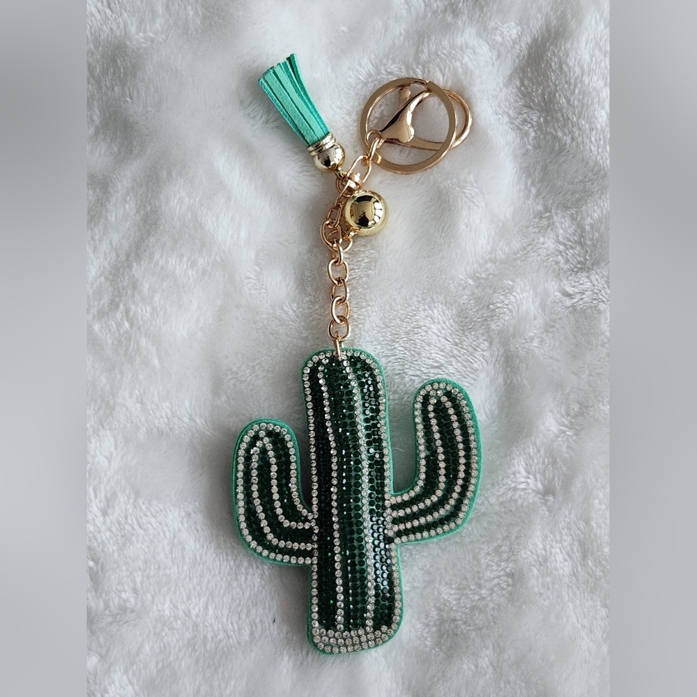 Green Cactus Keychain with Gold Accents Bag Charm